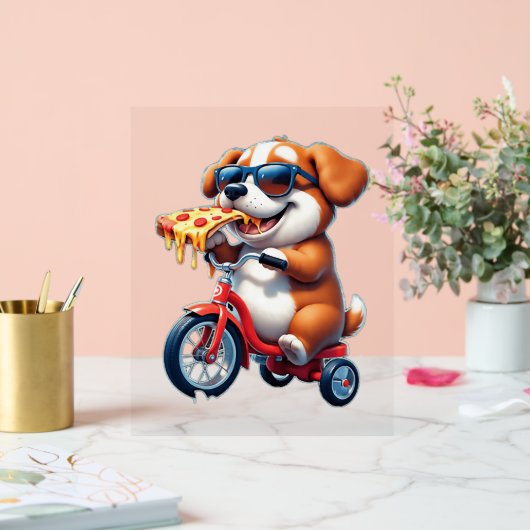 Pup op de fiets eet pizza acryl bord (Huwelijk)