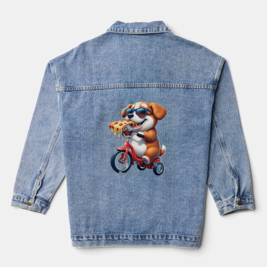 Pup op de fiets eet pizza denim jacket (Achterkant)