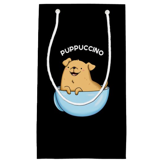 Pup-puccino Grappig Cappuccino Pun Donker BG Klein Cadeauzakje (Voorkant)