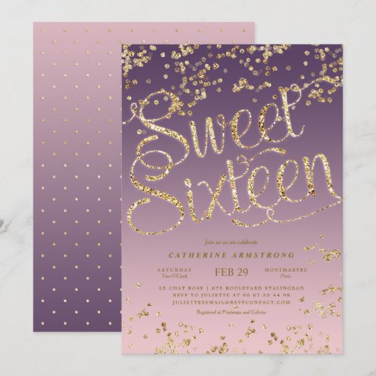 Puple Pink Gold Glitter Sweet Sixteen Kaart (Voorkant / Achterkant)