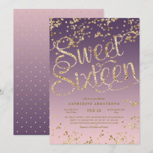 Puple Pink Gold Glitter Sweet Sixteen Kaart