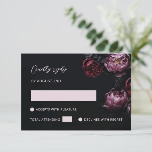 Puple Red 3D Flowers Black RSVP Kaartje (Staand voorkant)
