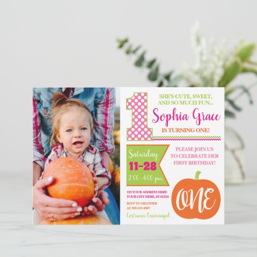 Pupmkin 1st Birthday-uitnodiging met foto Kaart (Staand voorkant)