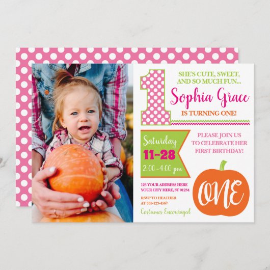 Pupmkin 1st Birthday-uitnodiging met foto Kaart (Voorkant / Achterkant)