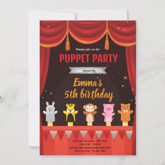 Puppet birthday party invitation kaart (Voorkant)