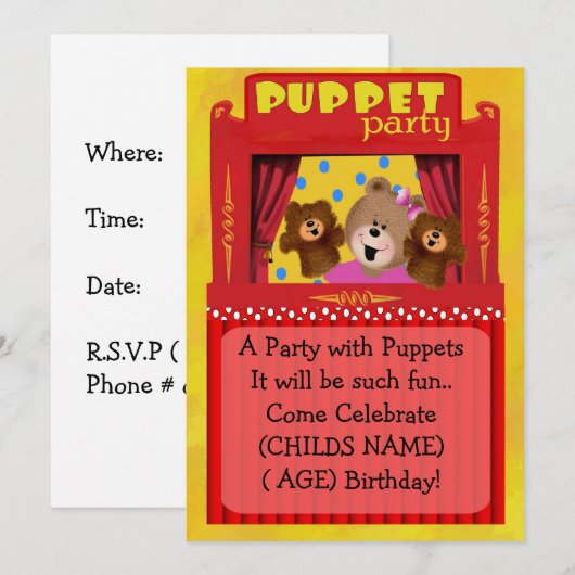 Puppet Party-uitnodiging Kaart (Voorkant / Achterkant)