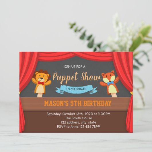Puppet show party-uitnodiging kaart (Staand voorkant)