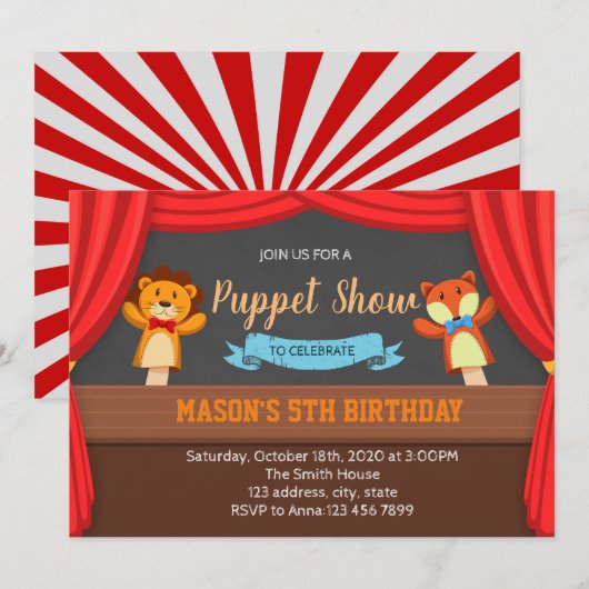 Puppet show party-uitnodiging kaart (Voorkant / Achterkant)