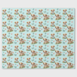Puppies and Butterflies on Blue Cadeaupapier
