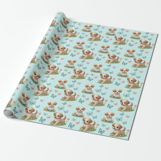 Puppies and Butterflies on Blue Cadeaupapier (Uitgerold)
