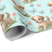 Puppies and Butterflies on Blue Cadeaupapier (Rol Hoek)