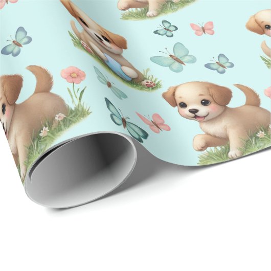 Puppies and Butterflies on Blue Cadeaupapier (Rol Hoek)