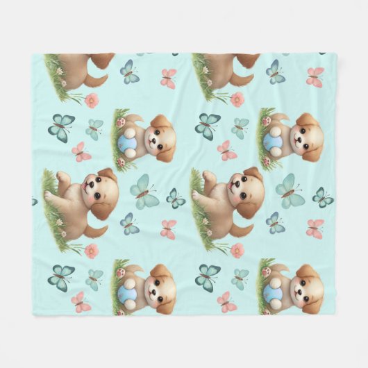 Puppies and Butterflies on Blue Fleece Deken (Voorkant (Horizontaal))