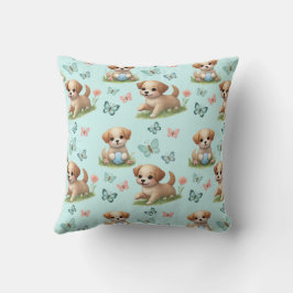 Puppies and Butterflies on Blue Kussen