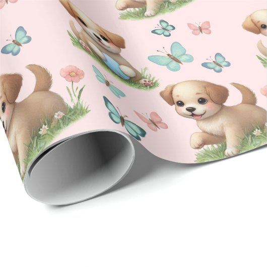 Puppies and Butterflies Pattern Baby Bib Cadeaupapier (Rol Hoek)