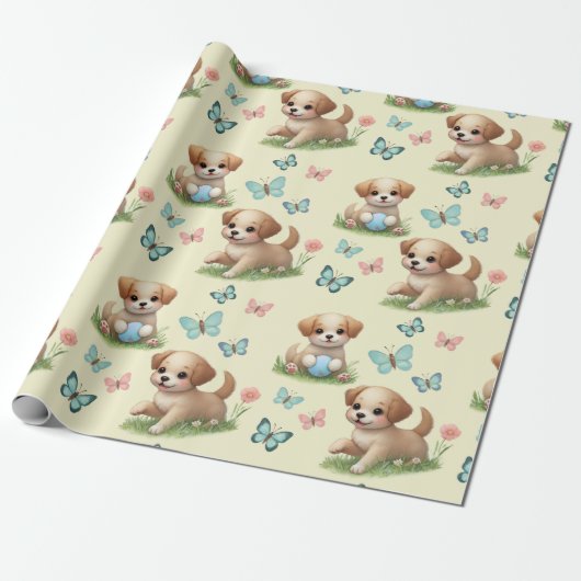 Puppies and Butterflies Pattern Baby Cadeaupapier (Uitgerold)