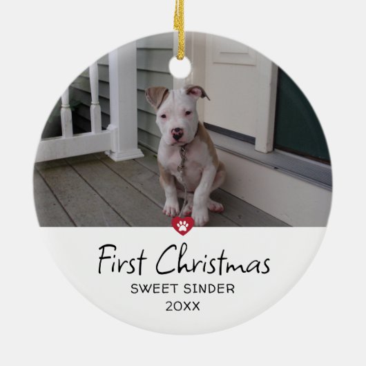 Puppies eerste kerstfoto keramisch ornament (Achterkant)