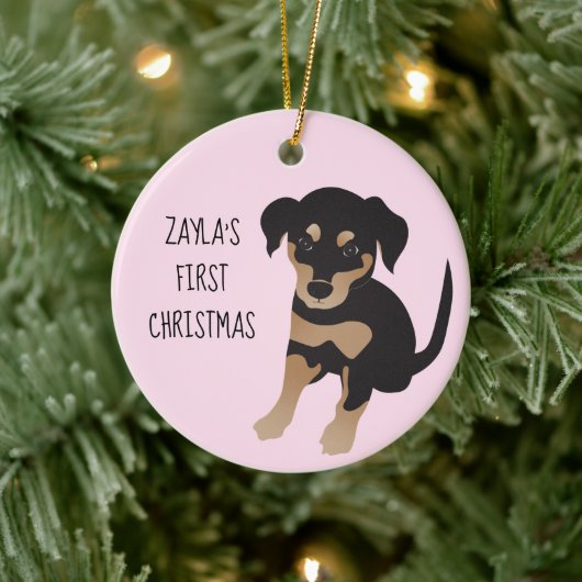 Puppies eerste kersttang, zwart en bruin keramisch ornament (Boom)