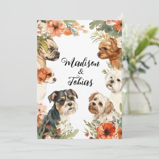Puppies en bloemen bruiloft kaart (Staand voorkant)
