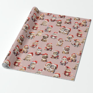Puppies en Katten in hun kerstmutsen Cadeaupapier