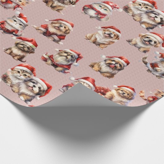 Puppies en Katten in hun kerstmutsen Cadeaupapier (Hoek)