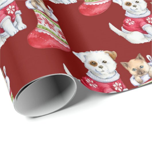 Puppies en Kittens Schattige Rode Kerstvakantie Cadeaupapier (Rol Hoek)