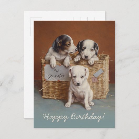 Puppies in een mandje CC0686 Carl Reichert Birthda Briefkaart (Voorkant / Achterkant)