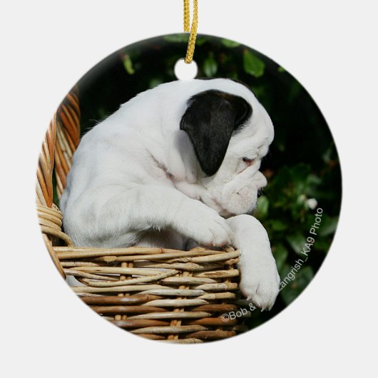Puppies in mandje keramisch ornament (Voorkant)