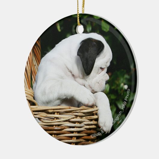 Puppies in mandje keramisch ornament (Links)