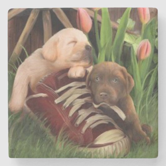 Puppies in ruste stenen onderzetter (Voorkant)