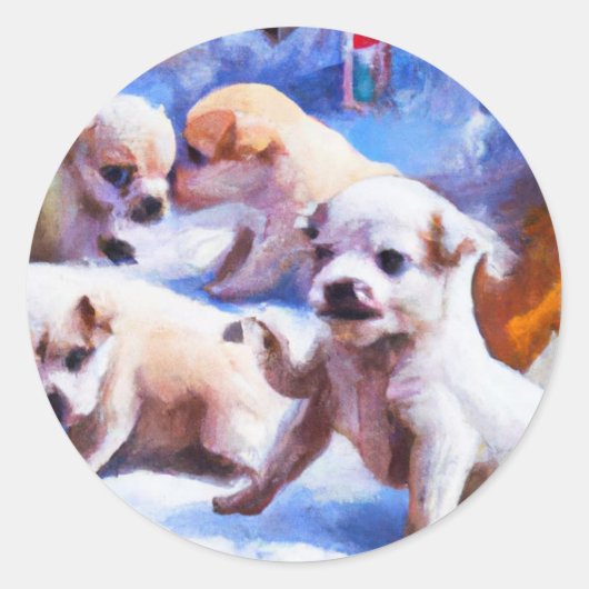 puppies in sneeuw een leuke kerst ronde sticker (Voorkant)