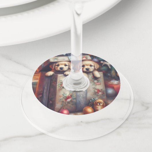 Puppies Kerst Wijnglas Charms & Labels (Dichtbij)