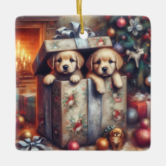 Puppies kerstversiering keramisch ornament (Voorkant)
