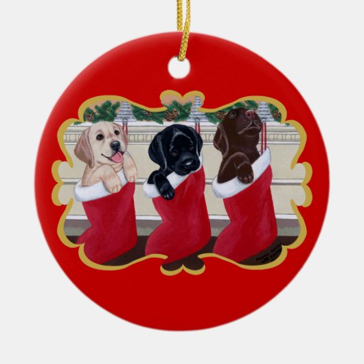 Puppies met kerstmis voor labrador Retriever Keramisch Ornament (Voorkant)