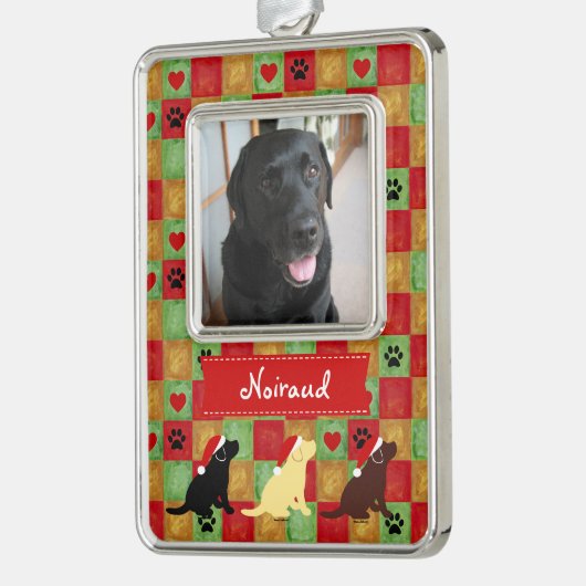 Puppies met kerstquilt Labrador Verzilverd Omlijst Ornament (Links)