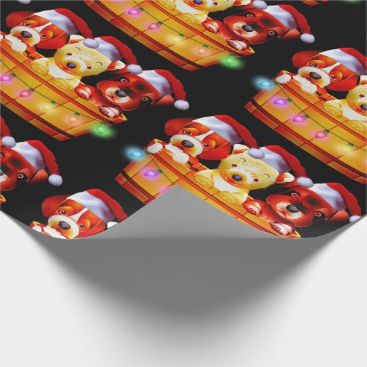 Puppies met kersttaart op een emmer cadeaupapier (Hoek)