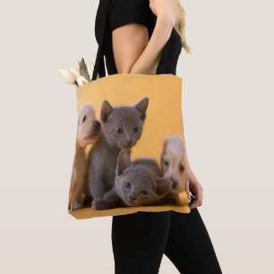 Puppies met Russische blauwe kittens en dachshund Tote Bag