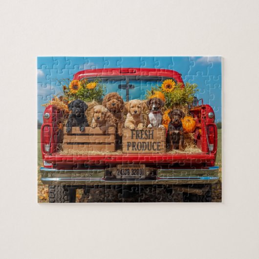 Puppies Red Truck Sunflowers Fall Harvest Legpuzzel (Horizontaal)