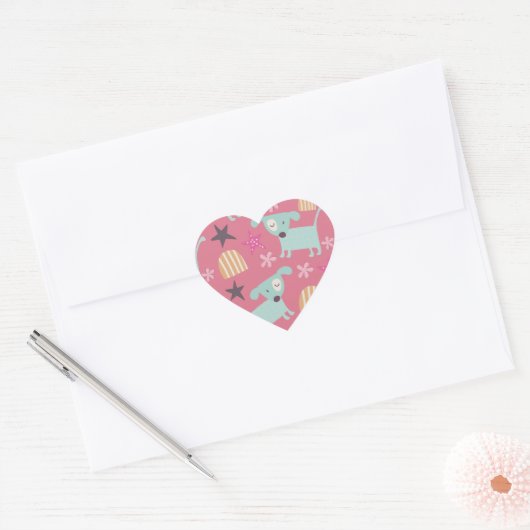 Puppies, sterren en bloemen hart sticker (Envelop)