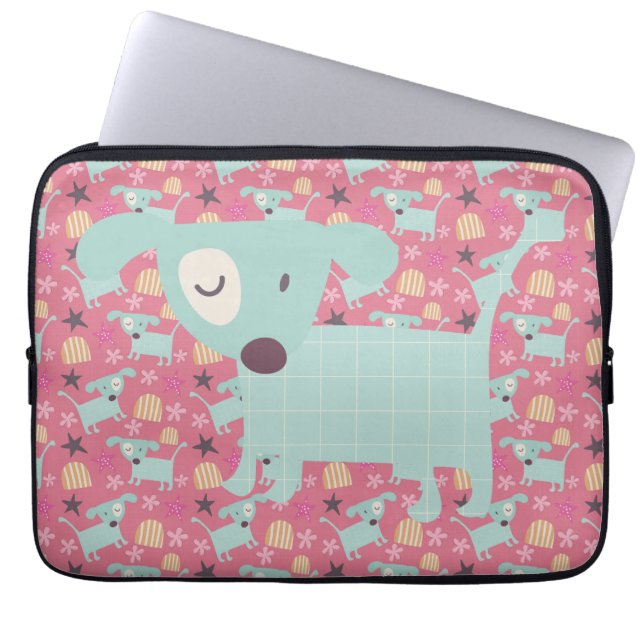 Puppies, sterren en bloemen laptop sleeve (Voorkant)