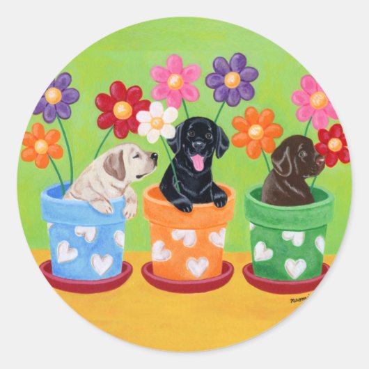 Puppies van de labrador van de bloem ronde sticker (Voorkant)