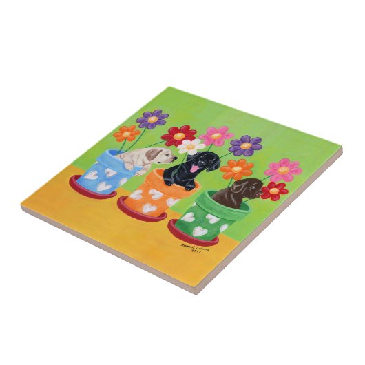 Puppies van de labrador van de bloem tegeltje (Zijkant)