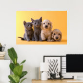 Puppies van de Russische blauw Kittens en Dachshun Poster (Thuiskantoor)