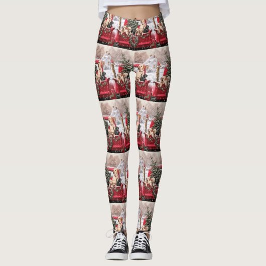 Puppies voor kerstretro  Red Truck Dog Leggings (Voorkant)