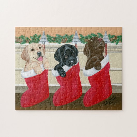 Puppies voor kerstschildering met labrador Retriev Legpuzzel (Horizontaal)