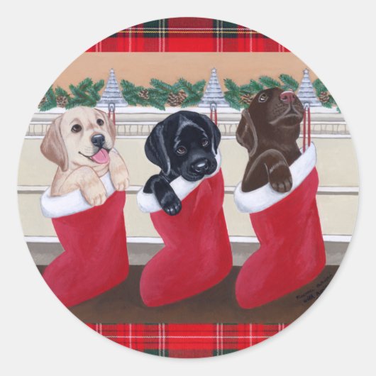 Puppies voor kerstschildering met labrador Retriev Ronde Sticker (Voorkant)