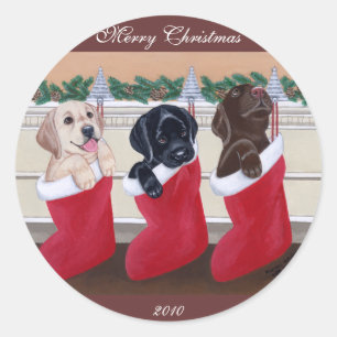 Puppies voor kerstschildering met labrador Retriev Ronde Sticker