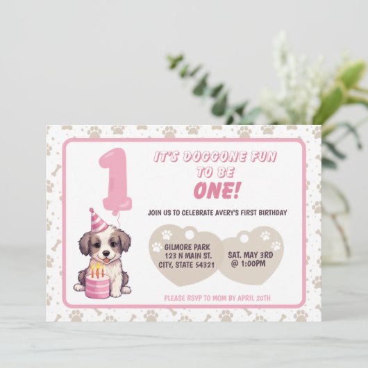 Puppy 1e verjaardagsfeest uitnodiging (Staand voorkant)