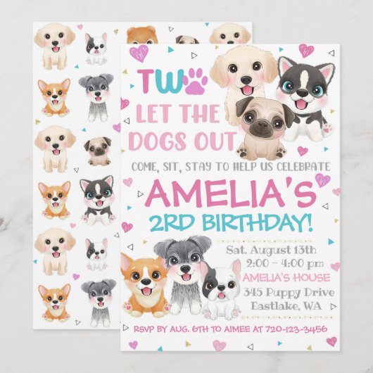 Puppy 2e verjaardag Uitnodiging Twee Laat de Honde (Voorkant / Achterkant)
