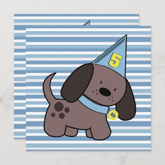 Puppy 5th Birthday Party boys Blue Custom Invite Kaart (Voorkant / Achterkant)